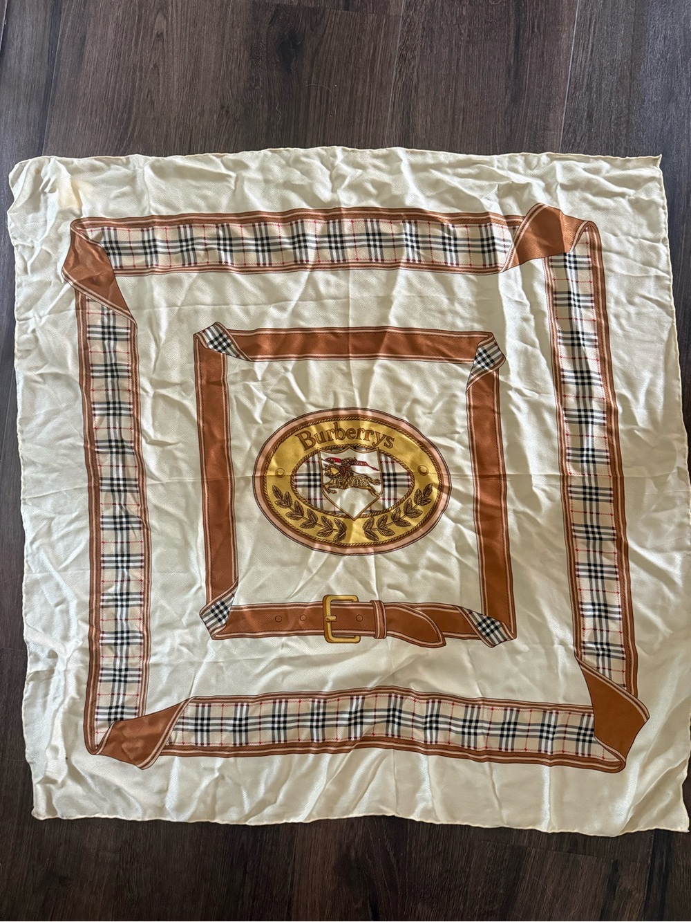 Vintage Burberrys 100% Silk Scarf Equestrian Check 33” Square Made in Italy